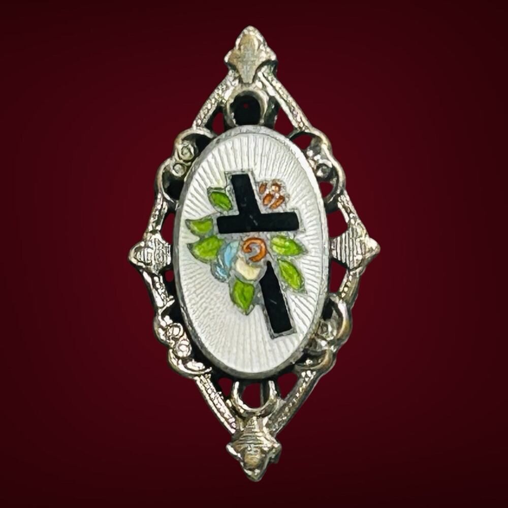 Vintage Brooch Pin White Enamel Cross C Clasp Christian Mourning Religious